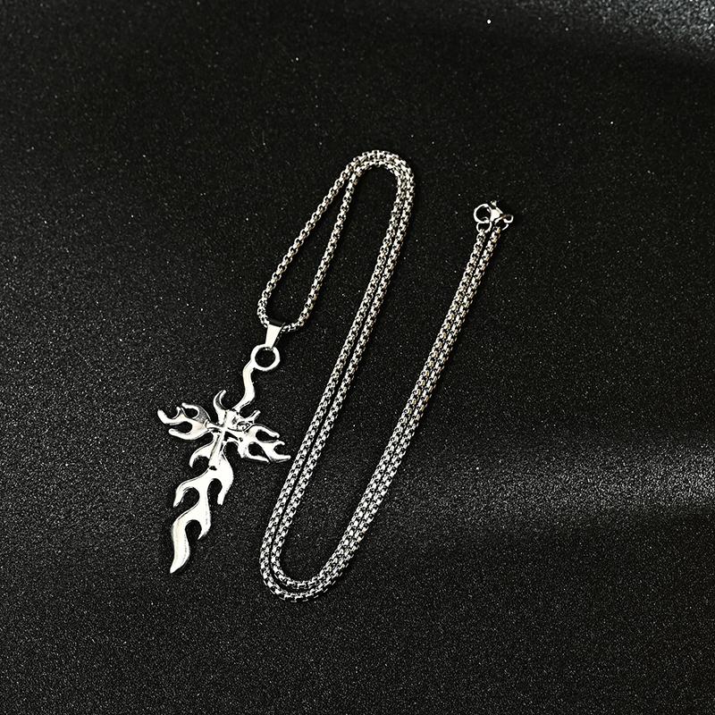 Fashionable Retro Flame Cross Pendant Necklace Neutral Hip-hop Punk Personalized Sweater Chain Daily Jewelry Gift