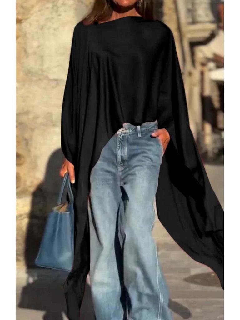 2024 Women's Solid Color Irregular Hem Loose Long-Sleeved Fashion Top