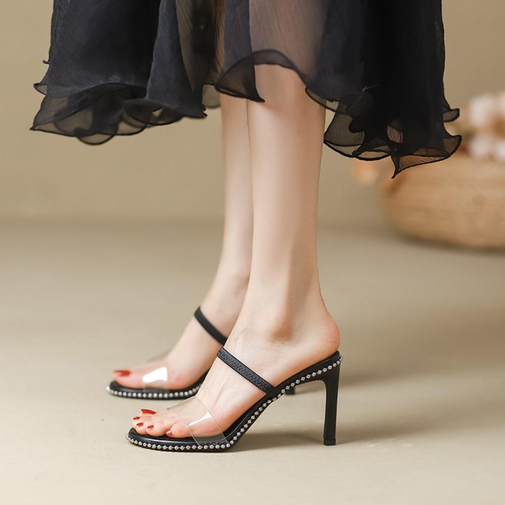 Fashion Water Diamond Transparent Slippers Women's 2025 New Summer with Thin Heels and Open Toed High Heels  Back Empty Outdoor Slippers
