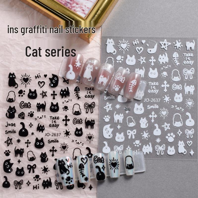 Welpen- & Katzen-Cool-Graffiti-Nagelsticker - Niedliche kleine Muster & Schleifen