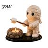 Fall Theme Room Decor Halloween Campfire Tealight Holder, Mummy Ghost Scarecrow Resin Decorative Ornaments Candle Stand for Desk, Harvest Table
