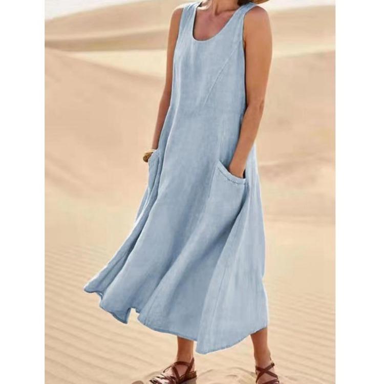 Women Casual Summer Cotton Linen Dress Loose Sleeveless Round Neck Plain Pocket