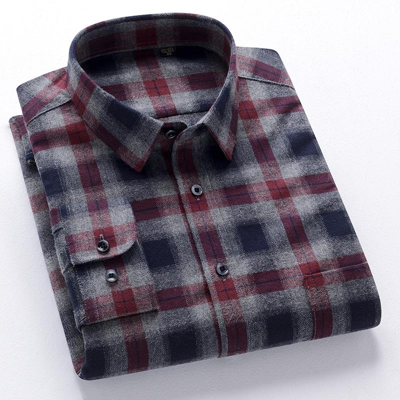 New 100% Pure Cotton Flannel Men's Plaid Shirts Male Business Casual High Quality Long sleeve Shirt for Men Pocket Shirt 4XL 5XL