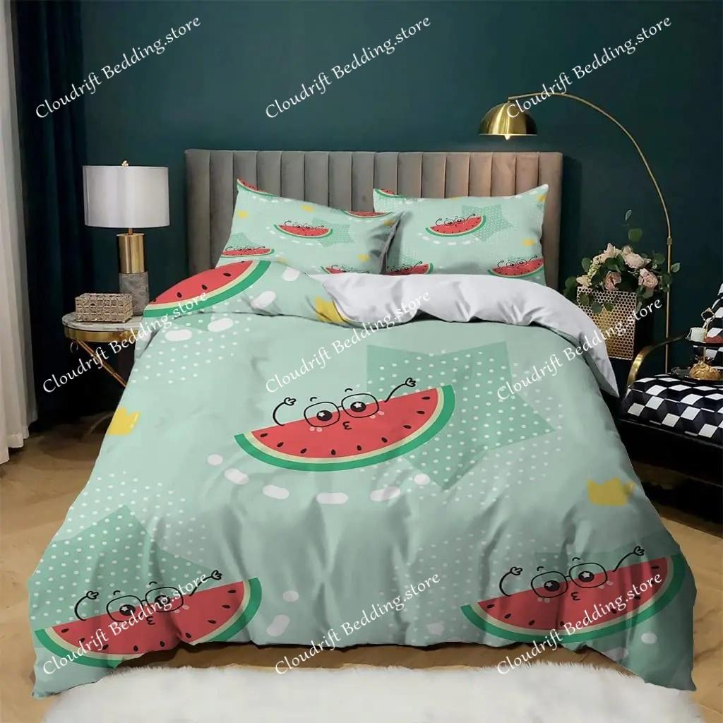 Watermelon Duvet Cover Set Green And Red Colour Polyester Comforter Cover King Queen Full Size For Kids Teens Adults Bedding Set