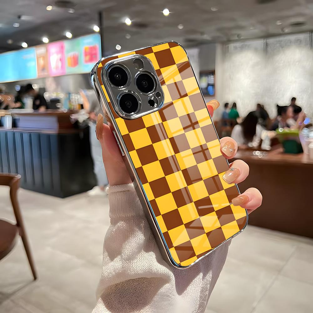 C-Checkerboard Phone Case For IPhone 17 Pro Max 15 Pro 16 14 Plus 12 13 Mini 11 Pro Shockproof Electroplated Glass Cover