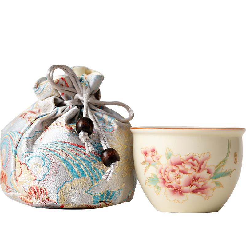 Ru kiln Guochao tea cup embroidery storage bag retro tea set opening master cup portable cloth bag travel commemorative gift