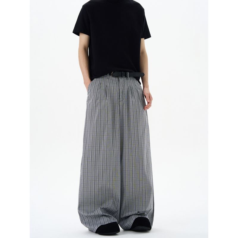 Kisko Summer Thin Pleated Plaid Wide-Leg Casual Pants for Men and Women, American-Style High-End Loose Vintage Pants
