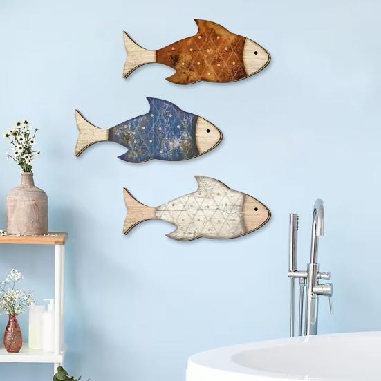3 Pcs Rustic Wood Fish Wall Art Beach Nautical Wall Hanging Decor Ocean Fish Wall Sculpture for Home Bathroom Living Room