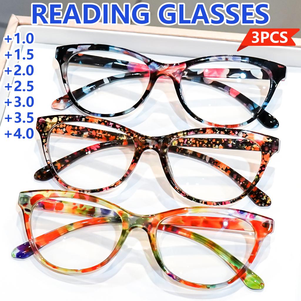 3Pcs Stylish Cat-Eye Womens Reading Glasses Classic Print Design Anti-Blue Light Comfortable Wear Glasses For Book Reading