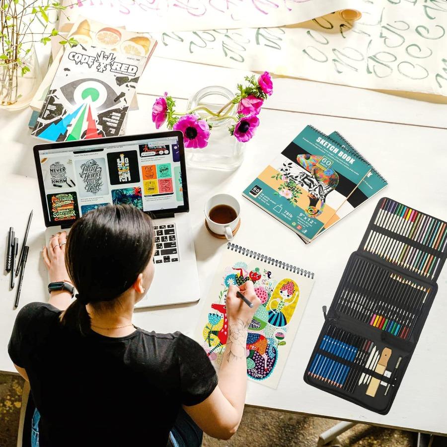 

KALOUR 76 шт. Набор для рисования и эскизов с книгой-самоучителем, скетчбуком, бумагой, карандашами, пастелью, акварелью для начинающих художников United States