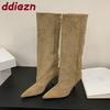 Fashion Fashion Pointed Toe Party Modern Ladies Knee High Boots Female Thin Heels Shoes Flock Women Long Boots Slip On Shoes Pumps lady