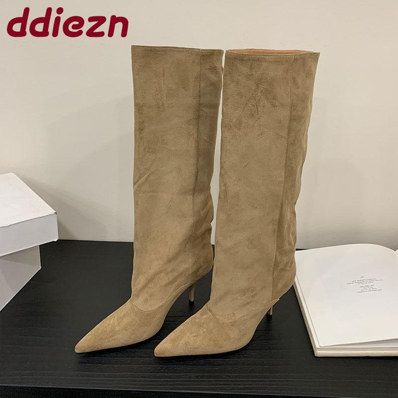 Fashion Fashion Pointed Toe Party Modern Ladies Knee High Boots Female Thin Heels Shoes Flock Women Long Boots Slip On Shoes Pumps lady