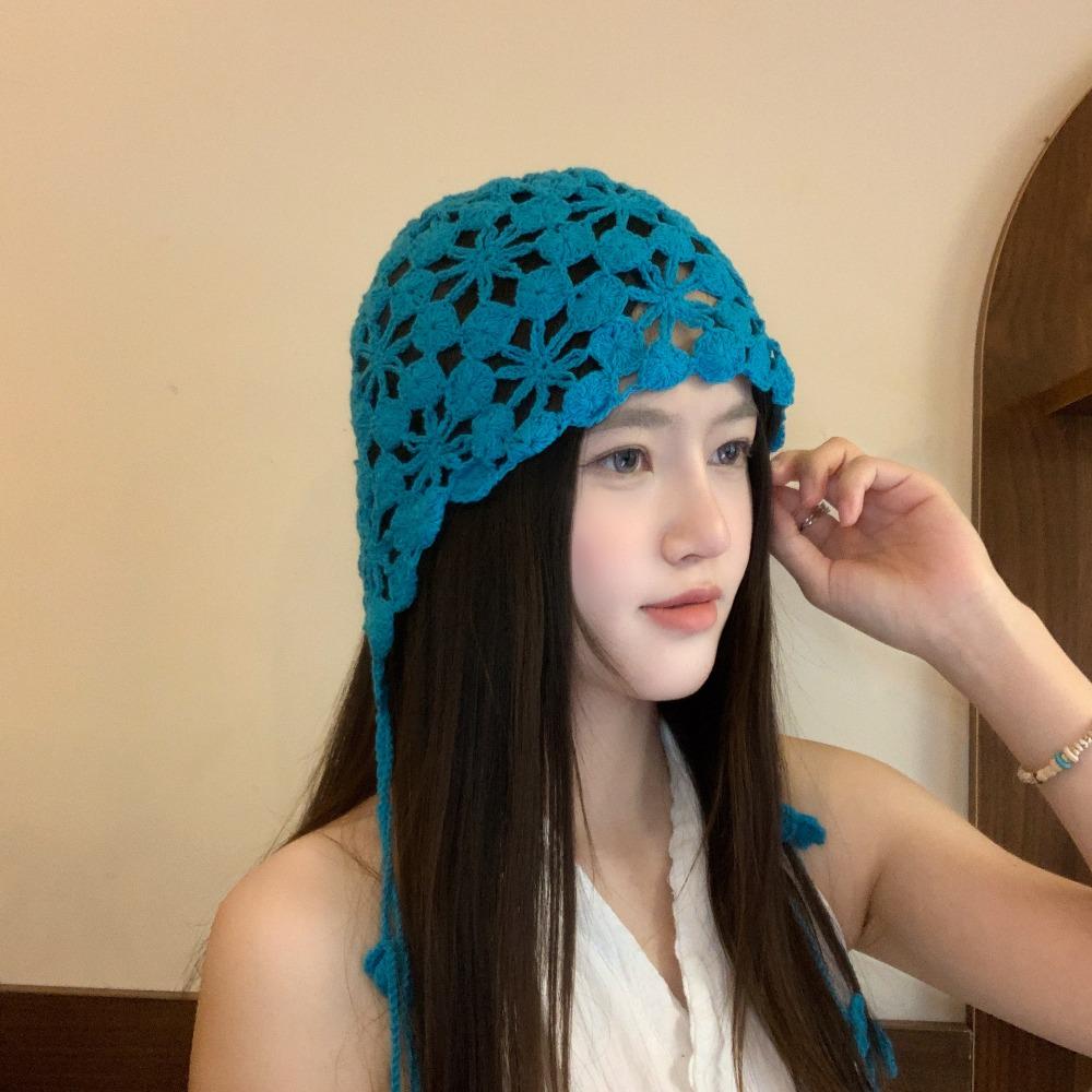 Tassel Hollowed Out Knitted Hat Floral Bohemian Style Beanies Cute Weave Cap Apparel Accessories