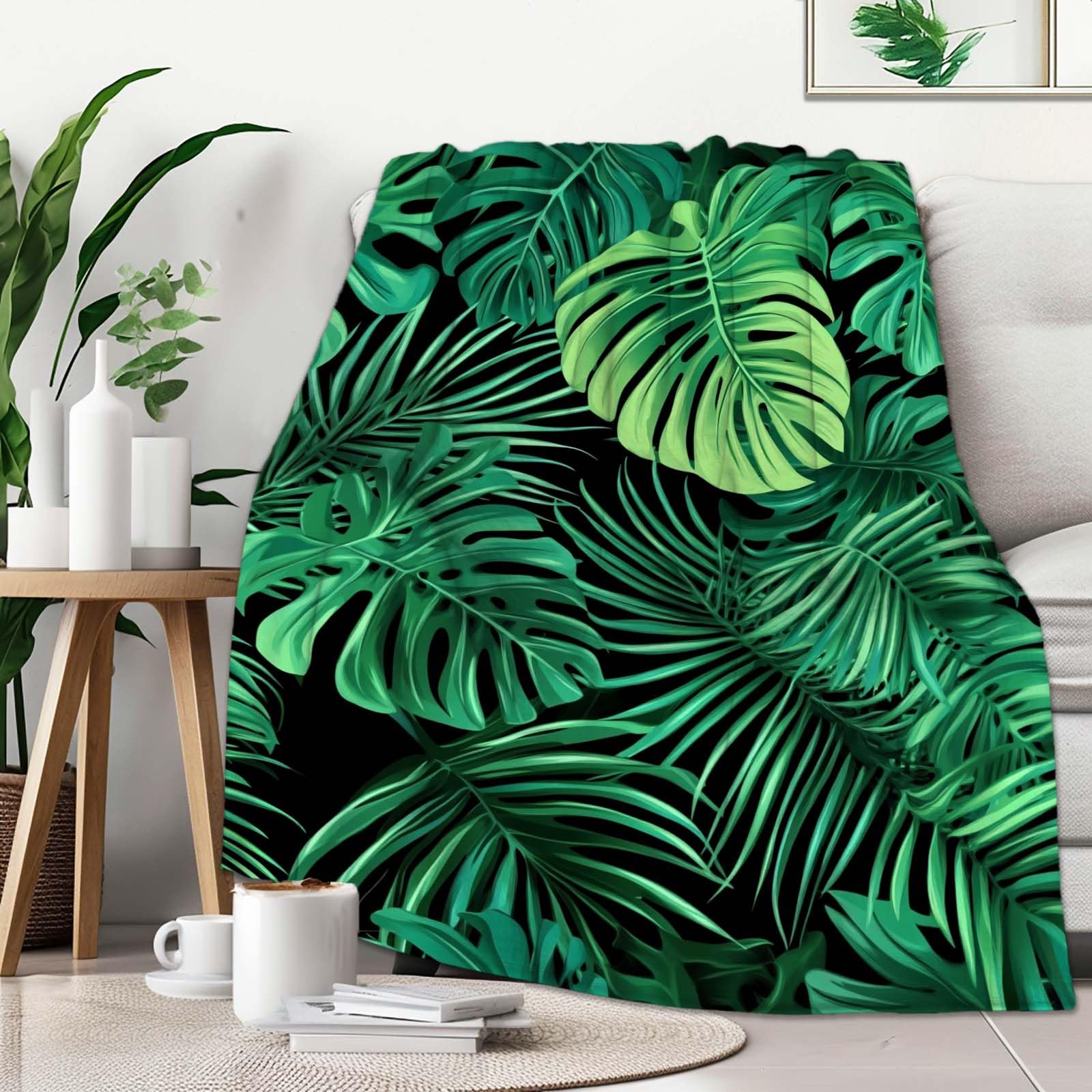 

Tropical Green Leaf Throw Blanket Monstera Palm Tree Fleece Blanket for Couch Bed Holiday Theme Cozy Soft Throw Decor Warm Gift 75x90cm