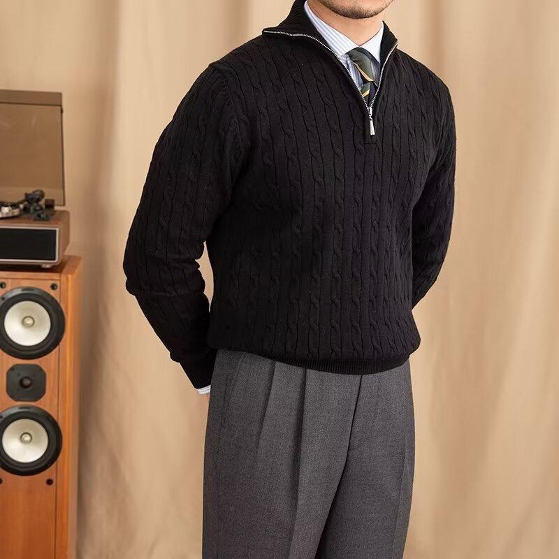 Men's Trendy Casual Slim Fit Cable Knit Half-Zip Sweater with Stand Collar for Autumn and Winter