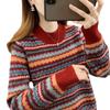 Autumn and Winter Pullover Knitted Sweater Base Versatile Loose Retro Ethnic Style Striped Color Matching Crew Neck Sweater Women