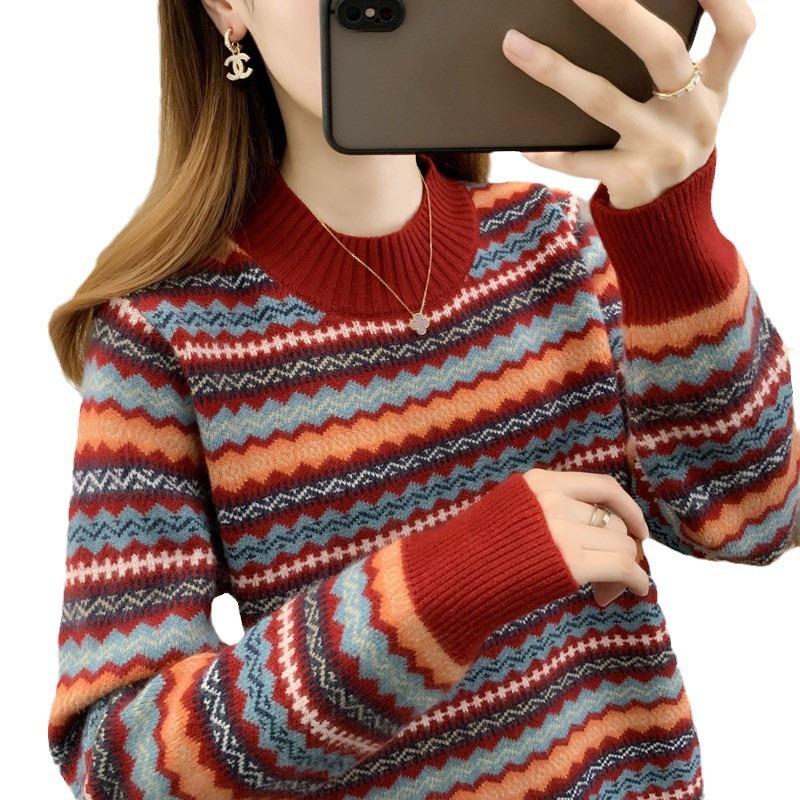 Autumn and Winter Pullover Knitted Sweater Base Versatile Loose Retro Ethnic Style Striped Color Matching Crew Neck Sweater Women