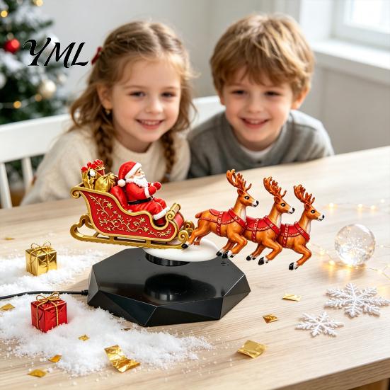 Modern Festive Mantel Decoration Floating Santa Sleigh, Flying Sleigh Magnetic Levitation Christmas Display, Unique Gift for Family Claus Tabletop