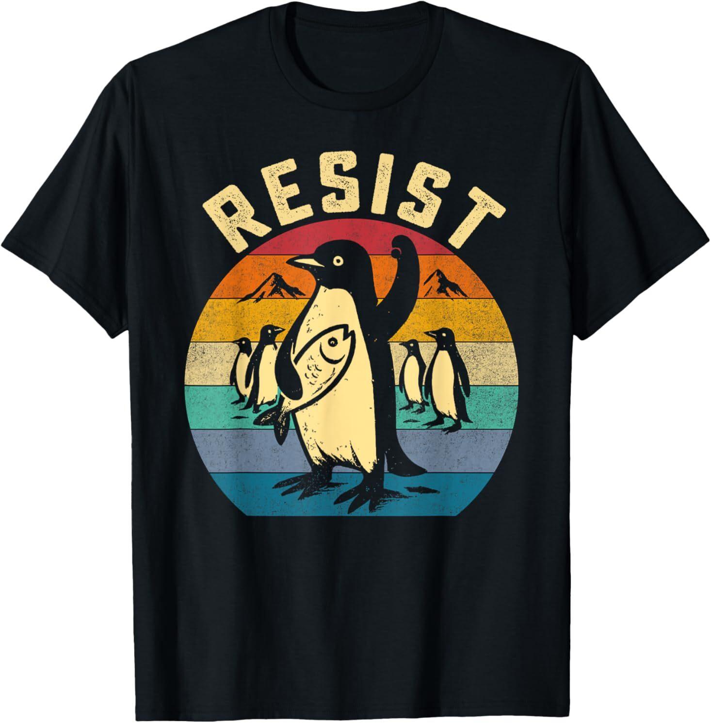 Funny Penguin Resist Penguins Protest Against Tariffs Retro T-Shirt S