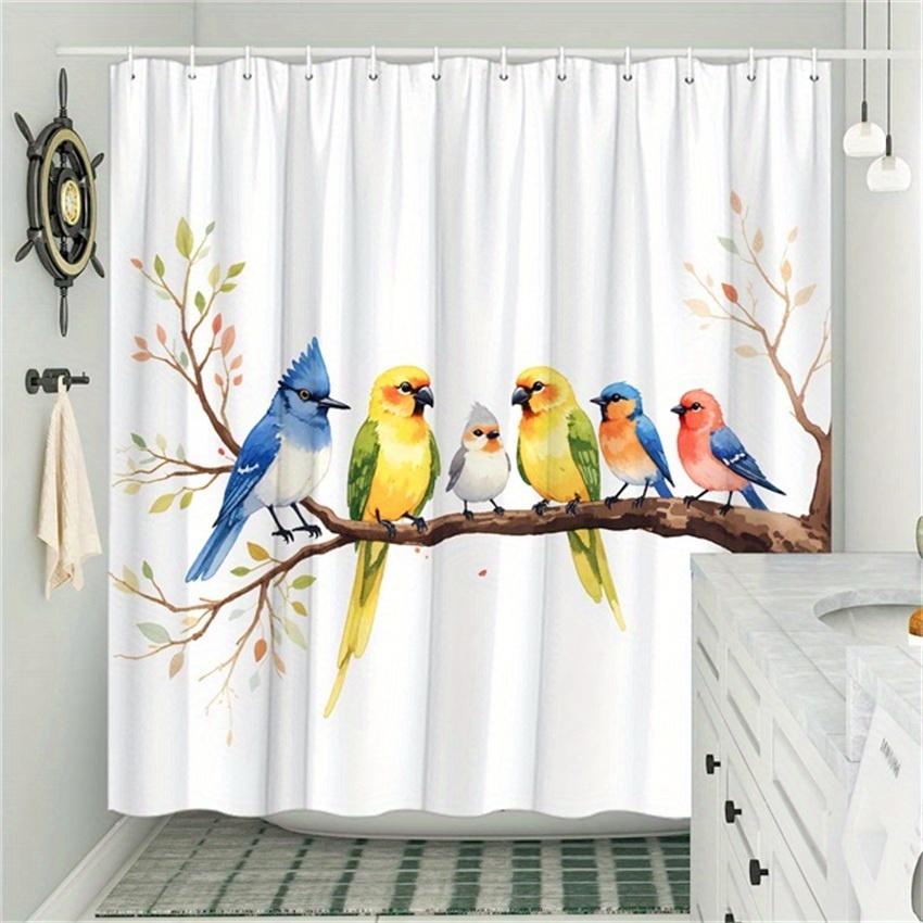 1pc Colorful Birds Shower Curtain - Blue Jay, Parrot, Finch, Watercolor Design, Polyester, 70.8x70.8In, 12 Hooks, Playful Nature