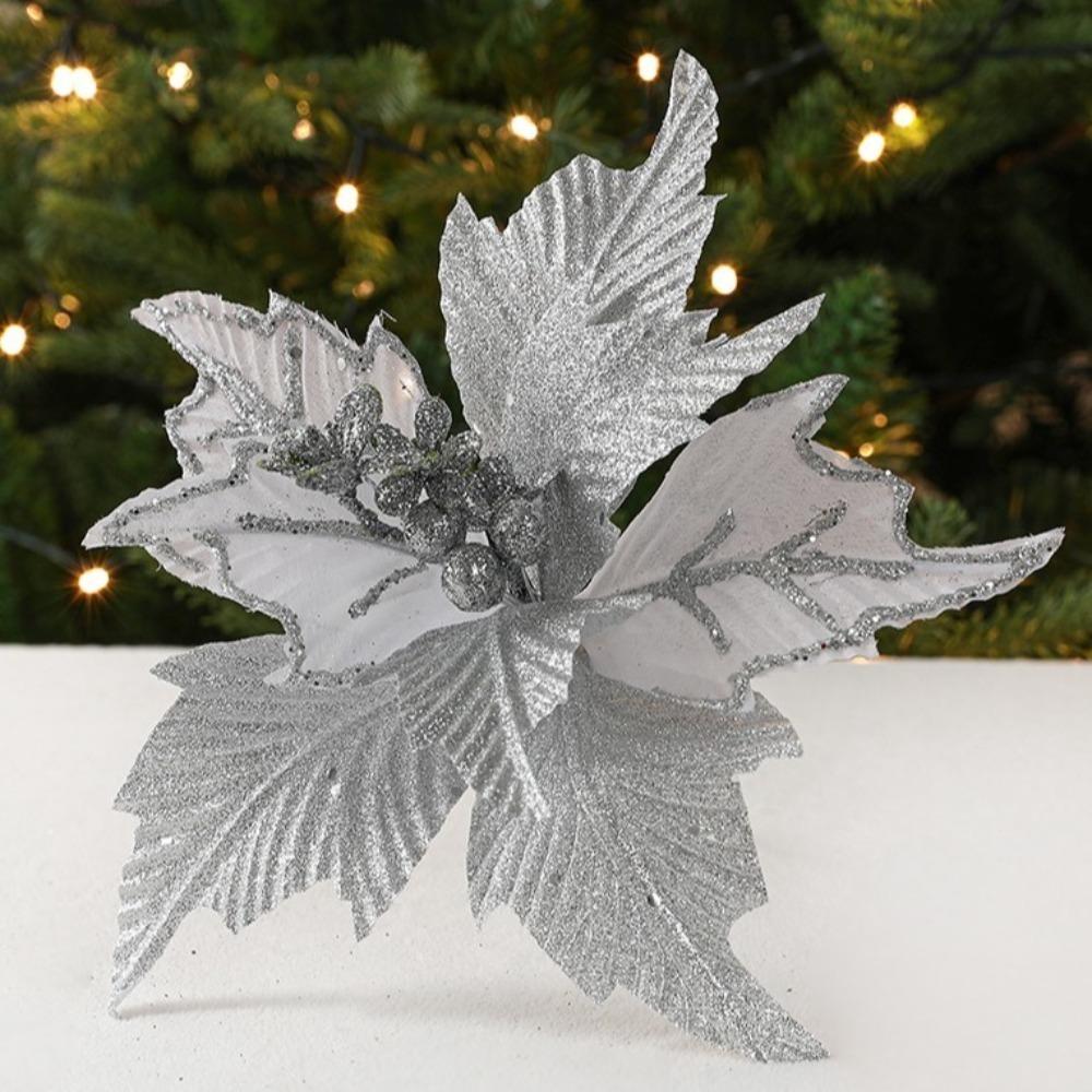 New 26cm Poinsettia Glitter Flower DIY Fake Flowers Christmas Flowers Large Wedding Decor Xmas Tree Decorations