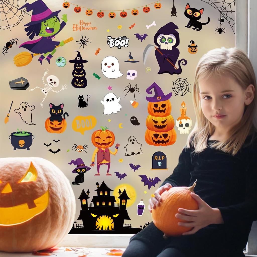 Halloween-Dekorationen 743 STÜCK Halloween-Fenstersticker, 10 Bögen Niedliche Halloween-Fensterdekorationen, Große Halloween-Fensteraufkleber Doppelseitig