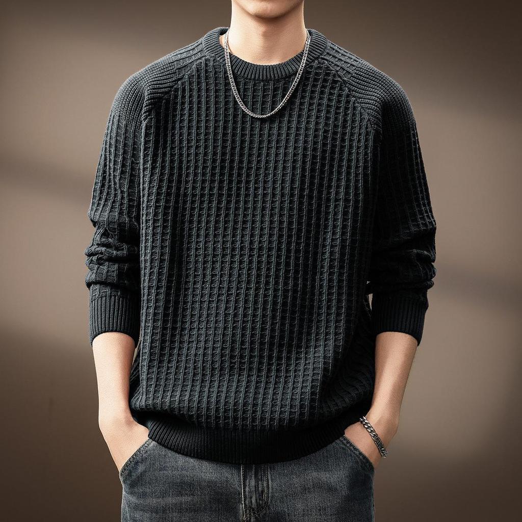 Men's High-End Waffle Knit Sweater: Autumn Winter Warm Casual Pullover