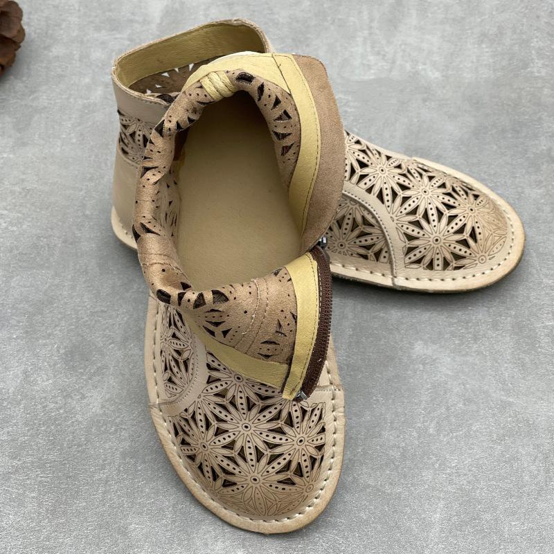 Johnature Stivali Estivi Artigianali Vintage in Vera Pelle Punta Tonda Piatta Traspiranti Traforati Scarpe da Donna