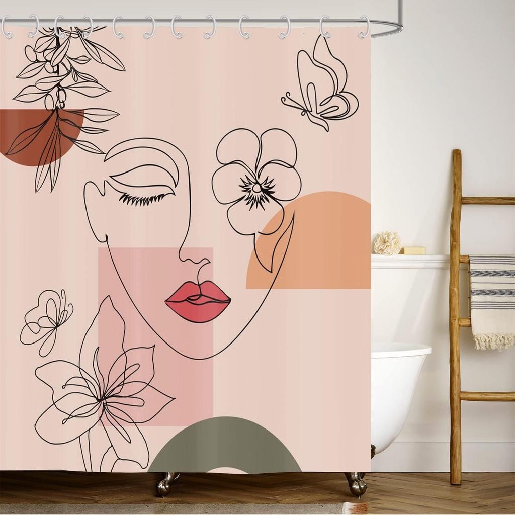 Bohemian Style Abstract Modern Floral Rose Face Shower Curtain 180X 180Cm Waterproof Shower Curtain With 12 Hooks