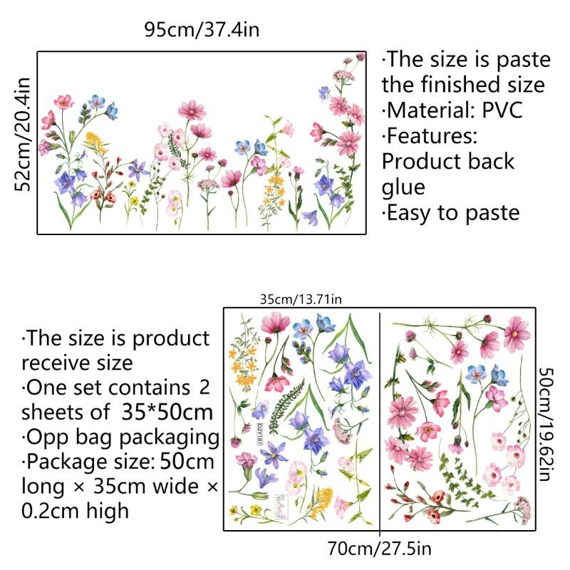 Flowers Vines Wall Decals, Removable Green Plants Leaves Peel and Stick Wall Stickers, Elegant Floral Art Mural Wallpaper