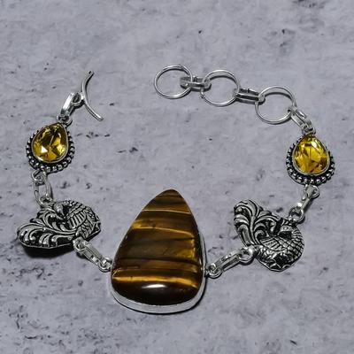Natural Tiger Eye, Citrine Handmade 925 Sterling Silver Bracelet 7-8" G2z30