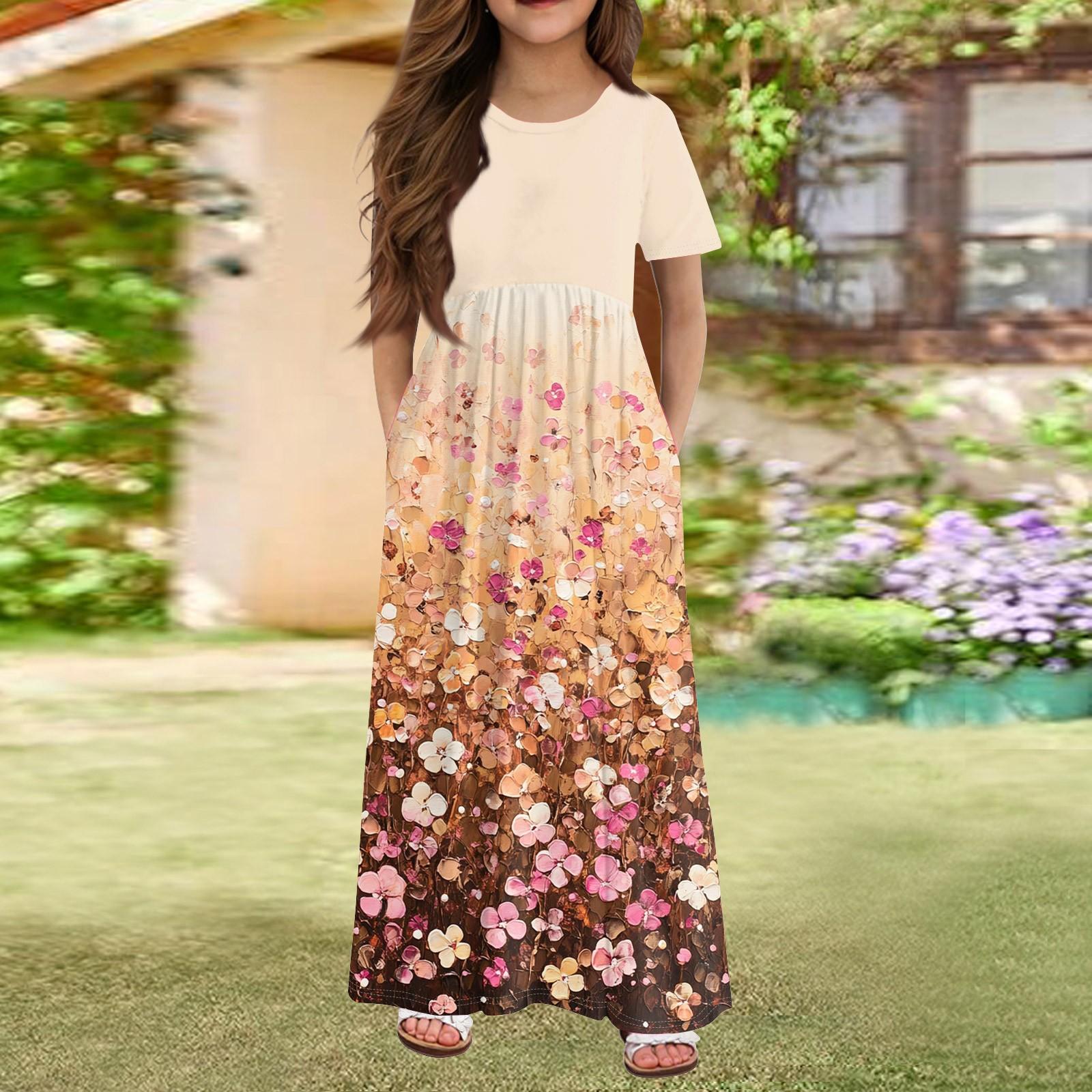 

Длинное летнее платье для девочек - платье макси с короткими рукавами и карманами для детей 4-14 лет 110 бежевый