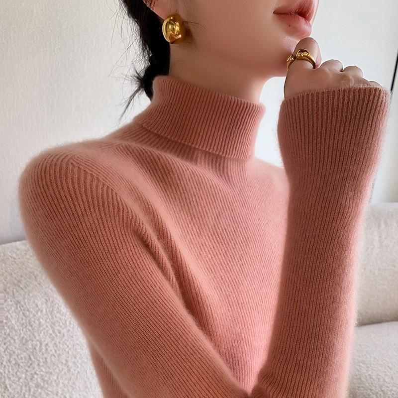 Women's Black Wool Semi-High Neck Base Layer Sweater - Soft, Comfortable, Slimming Fit for Autumn/Winter.