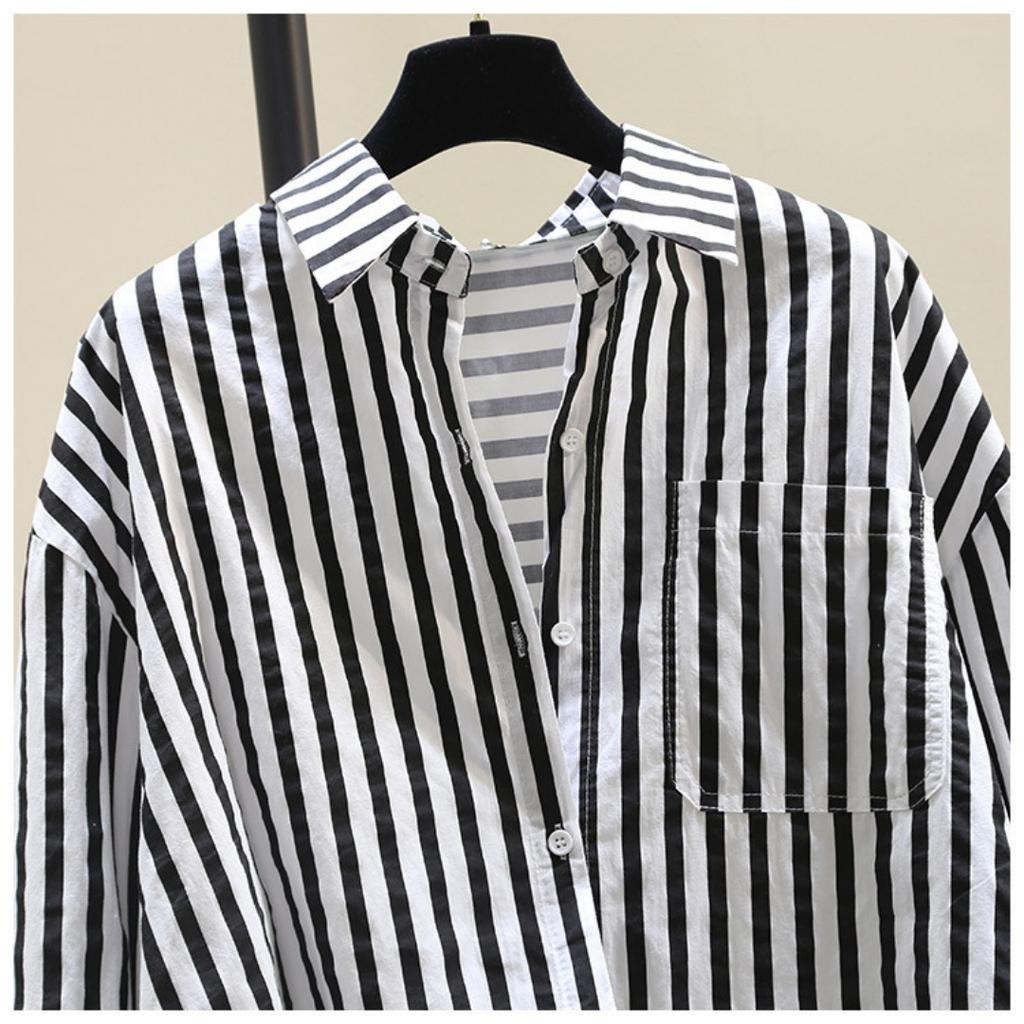 Spring and Summer Long-sleeved Shirt Women's Fashion Casual Vertical Striped Loose Shirt Women