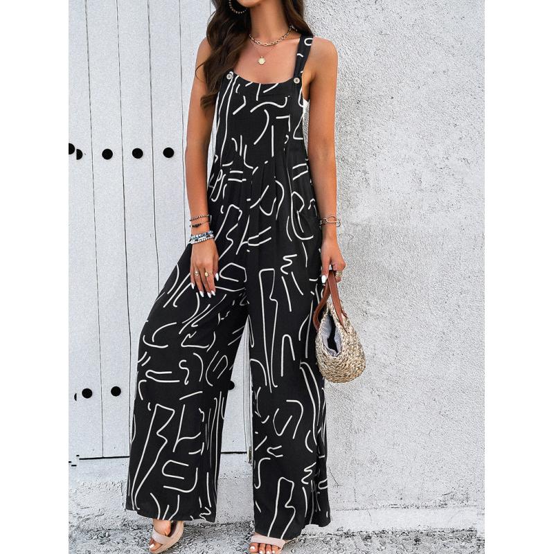 Jumpsuit Women Casual Button Vacation Long Jumpsuits Loose Wide Leg Romper Print Overalls Summer Youthful Woman Clothes