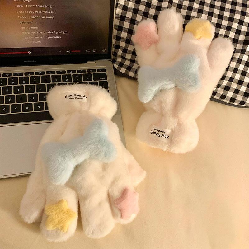 Cartoon-Stern Fünf-Finger-Handschuhe weiblich süß Plüsch verdickt warm pelzig winddichter Schal