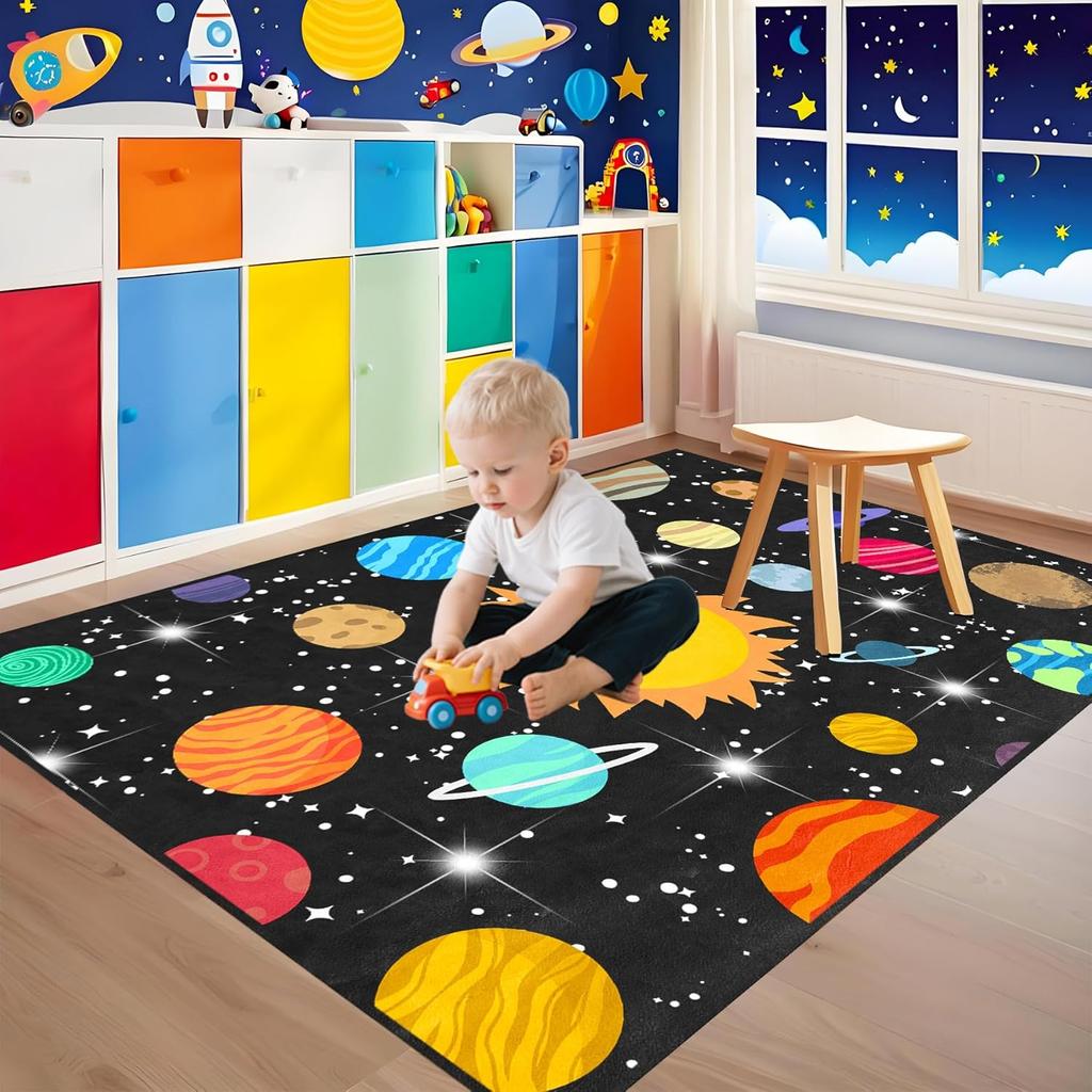 Cartoon Solar System Rug for Kids Bedroom, Space Galaxy Planet Carpet, Educational Outer Space Theme Play Mat for Boys Girls