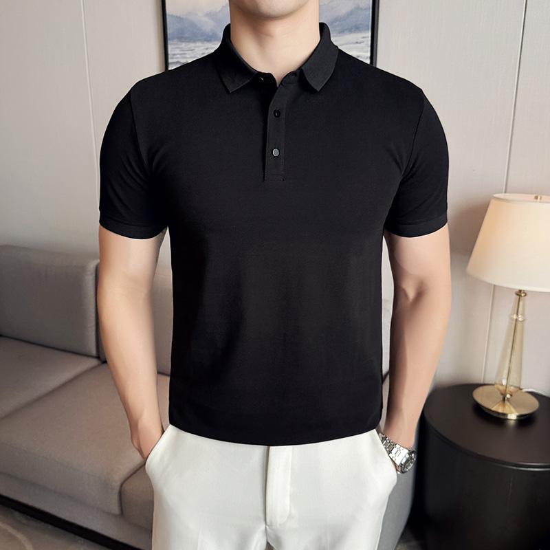 

2026 Men Fashion Color Black Polo Shirts Lapel Shirt Short Sleeve Button Tops Tees Fashion Design Casual Breathable Polo Shirts M чёрный