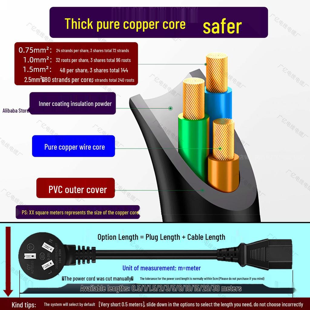 National Standard 3-Pin Plug Power Cord, C13 Connector, Pure Copper, 3-Core, 0.75/1/1.5/2.5mm².