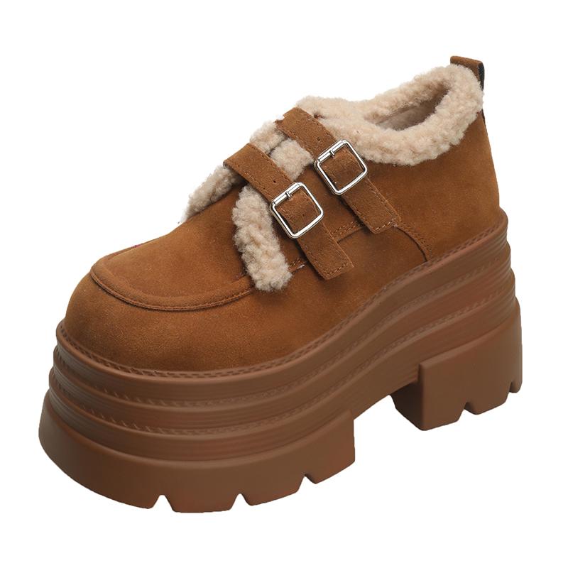 10CM Suede Cow Genuine Leather Platform Wedge Winter Plush Autumn Boots Spring Women Ankle Booties Shoes Chimney