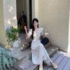 South Korea Dongdaemun Summer New Sweet Temperament Ruffle Edge Bubble Sleeve Polka Dot Dress Women's Long Dress Tide