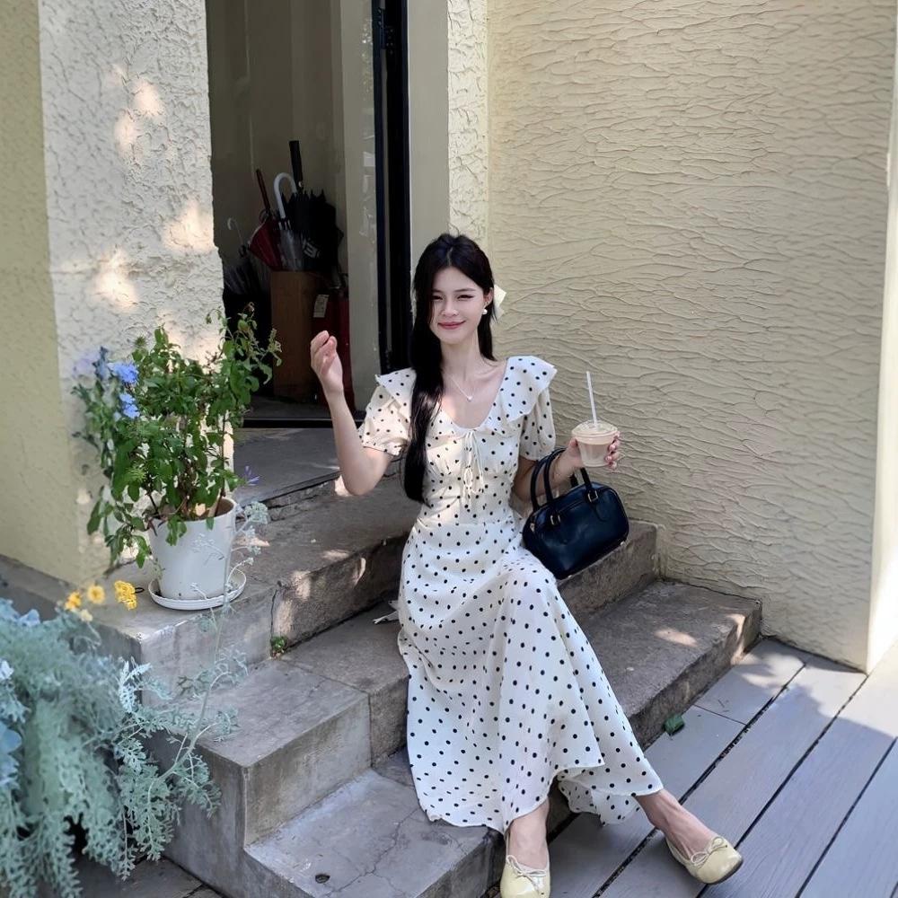 South Korea Dongdaemun Summer New Sweet Temperament Ruffle Edge Bubble Sleeve Polka Dot Dress Women's Long Dress Tide