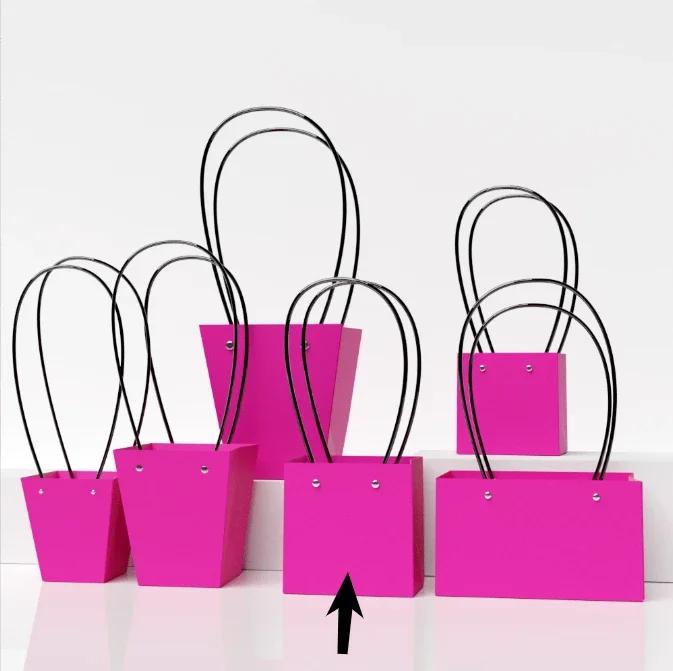 Paper Box Pink Kraft Paper Tote Bag Square Gift Bag  Flower Shop Supplies Valentine's Day Party 10pcs Fresh Flower Packaging