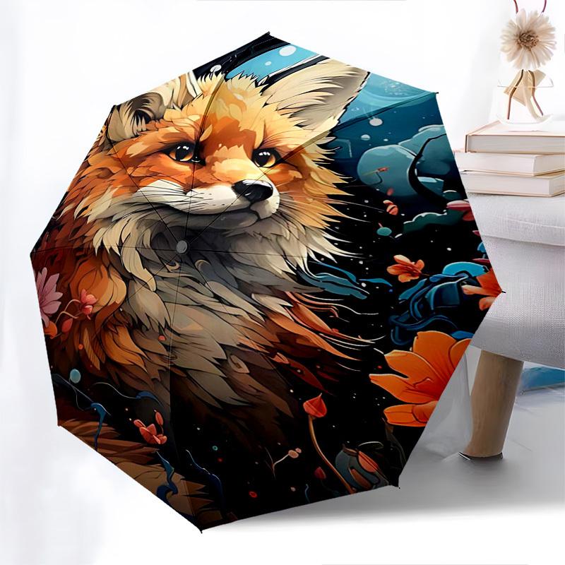 

1pc Floral Fantasy Fox: Automatic Opening/Closing Umbrella with Foldable Design, Iron Frame, Outdoor Use, Perfect Gift for Fans, Travelers, Daily Use.