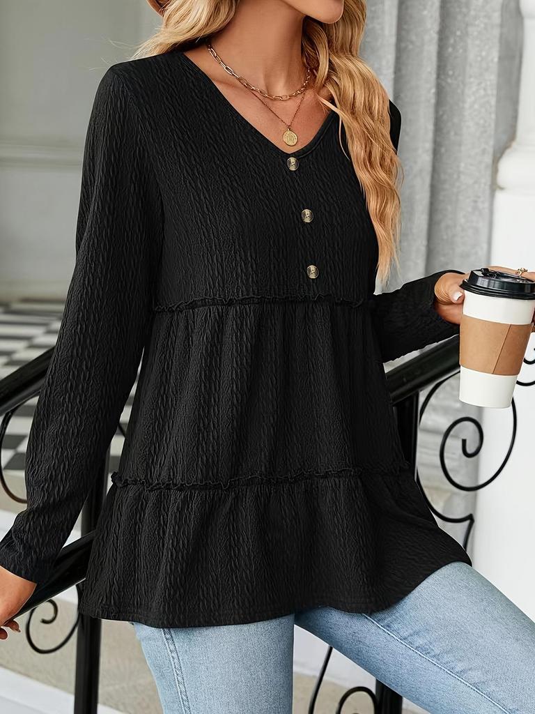 2024 Autumn/Winter V-neck Button Patchwork Loose Long Sleeve T-shirt