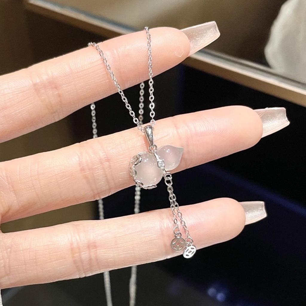 Women's S925 Sterling Silver Tassel Gourd Necklace with Chalcedony - Chinese Style Clavicle Chain