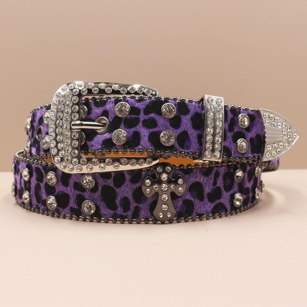 Cross Belt Leopard Print Western Rhinestone Belt Personalized Denim Woman Rivet Jeans Belt