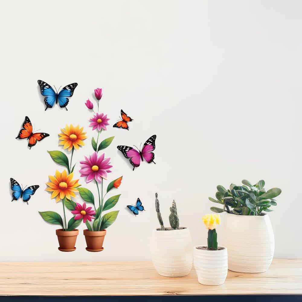 Self-adhesive Creative Colorful Butterflies Flowers Potted Plant Wall Stickers for Living Room TV Bedroom Headboard Home Decor