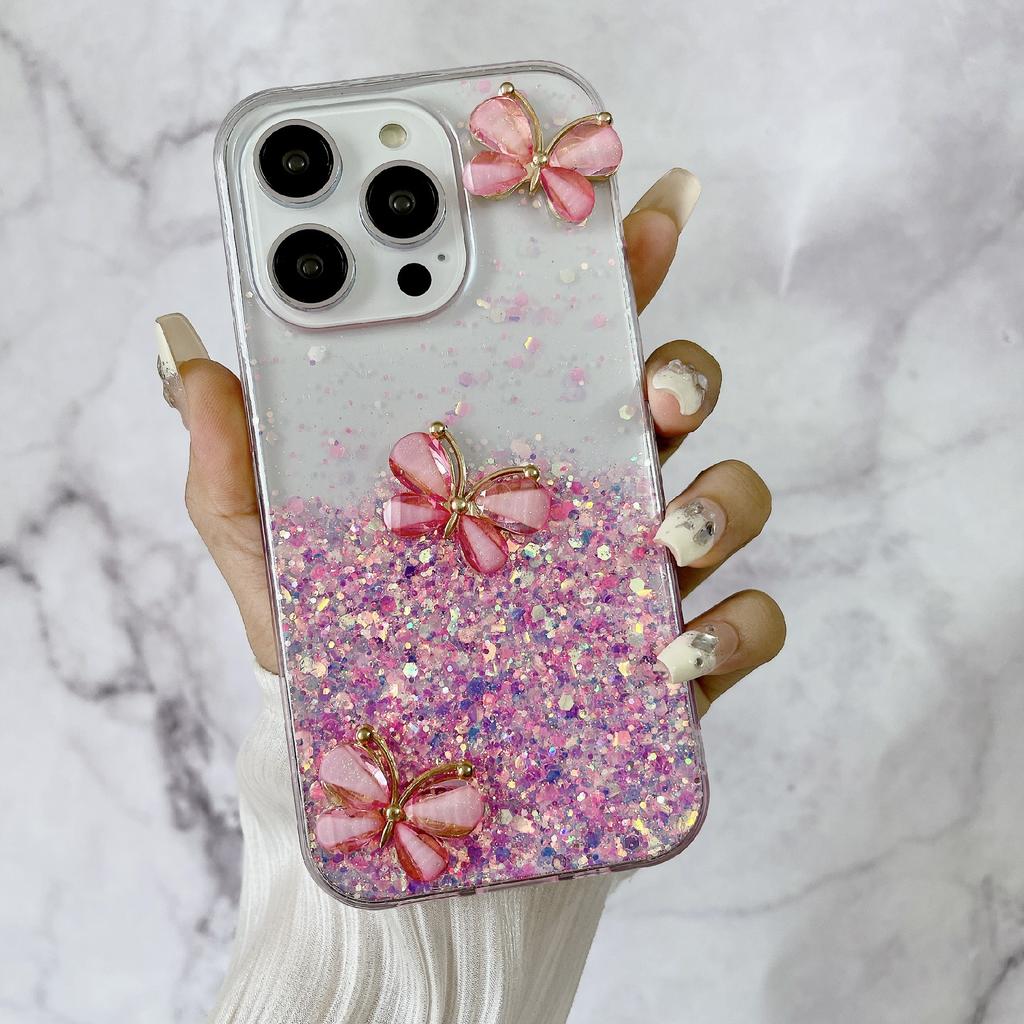 For iPhone 14 Pro Max Case 3D Butterflies Epoxy TPU Phone Cover Luminous Effect