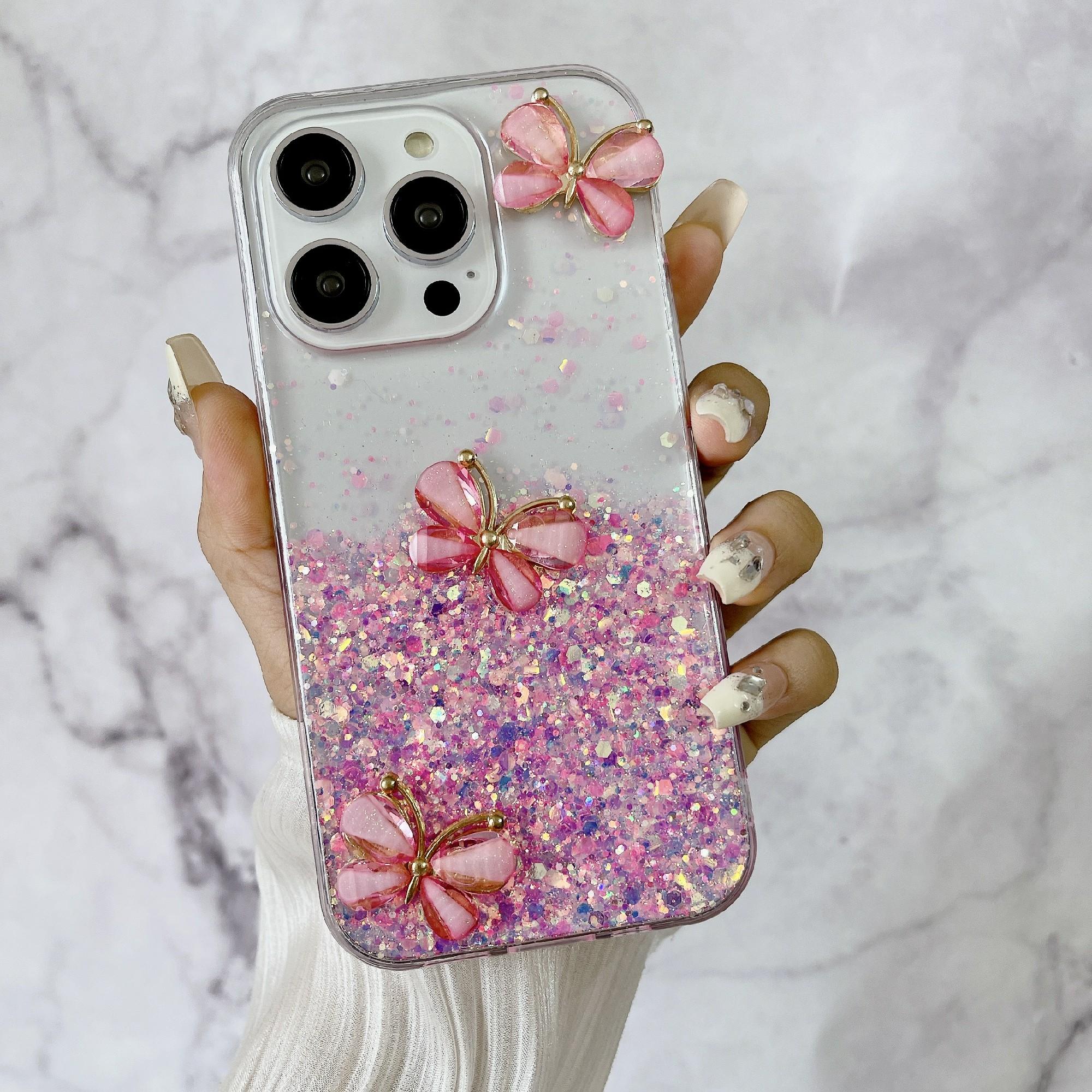 

Для iPhone 14 Pro Max Чехол 3D Бабочки Эпоксидный ТПУ Чехол для телефона Светящийся эффект Luminous Pink